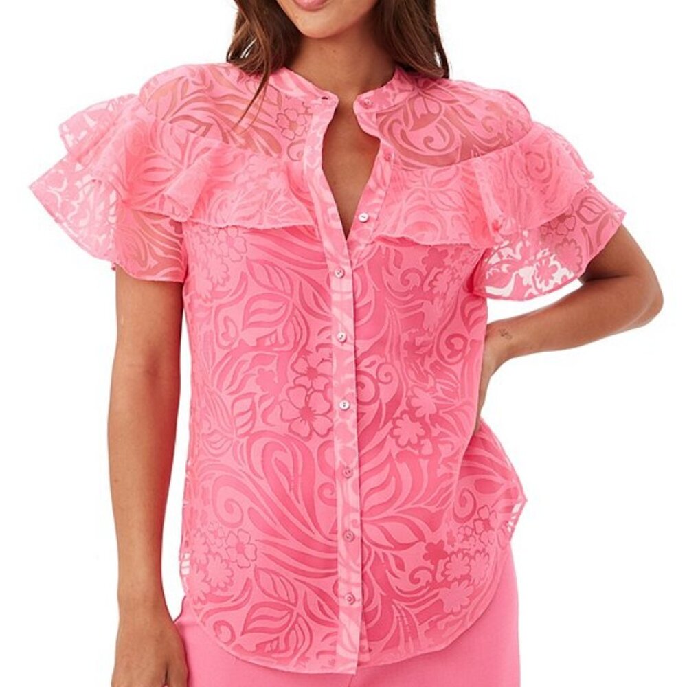 Trina Turk Beachfront Sheer Burnout Band Collar Short Sleeve Ruffle Top - Picture 2 of 5